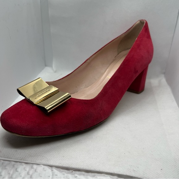 Kate Spade New York - Red Leather Suede Gold Metal Logo Bow Block Heel Pump 7 - Picture 7 of 9
